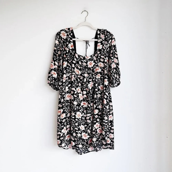 AMERICAN EAGLE | Black Floral Puff Sleeve Babydoll Dress | M - Picture 4 of 10